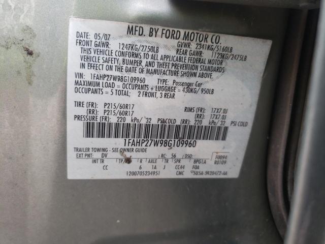 Photo 10 from auction – 2008 FORD TAURUS SEL with VIN 1FAHP27W98G109960