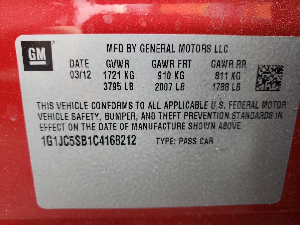 Photo 10 from auction – 2012 CHEVROLET SONIC LT with VIN 1G1JC5SB1C4168212