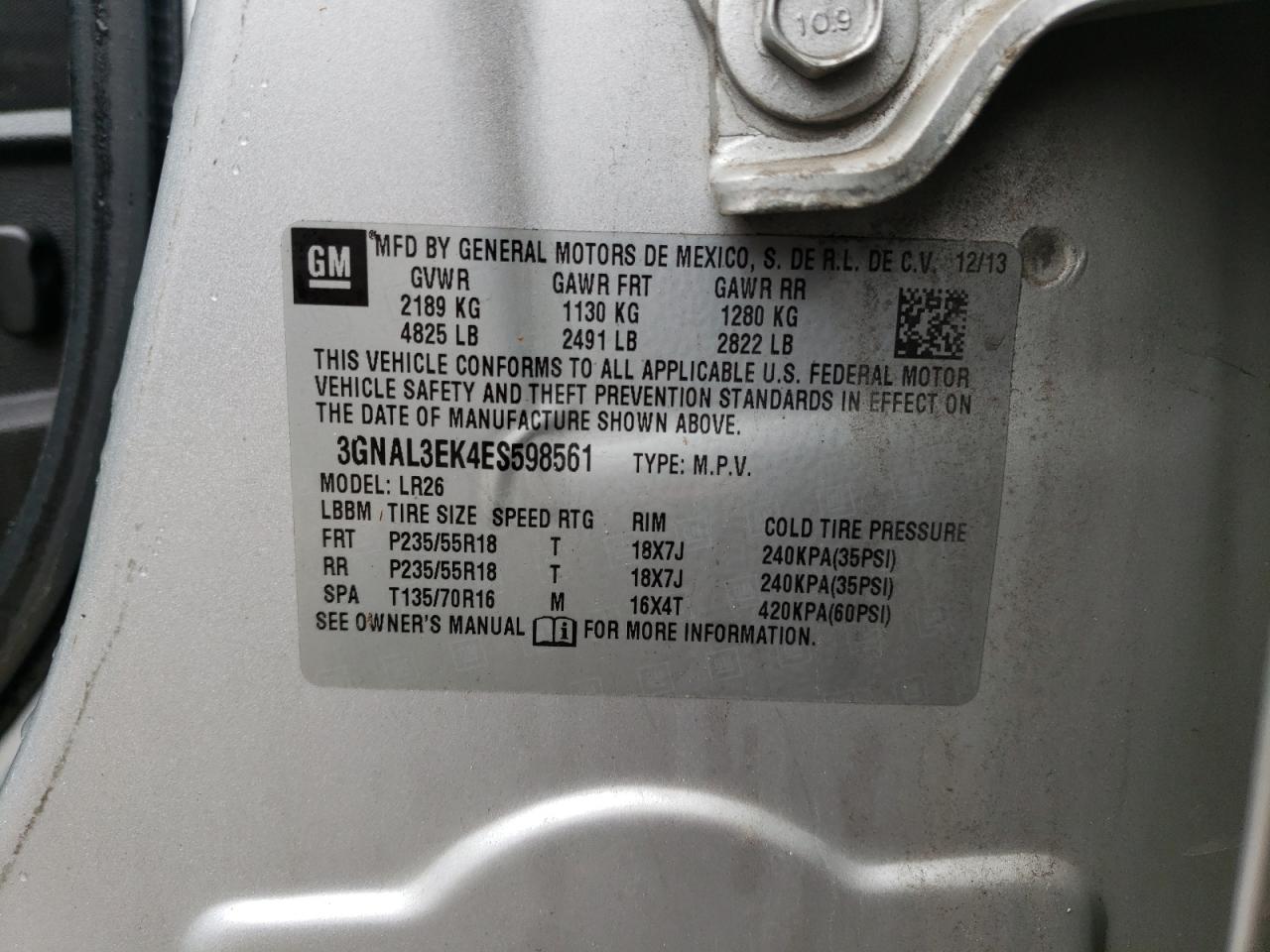 Photo 10 from auction – 2014 CHEVROLET CAPTIVA LT with VIN 3GNAL3EK4ES598561