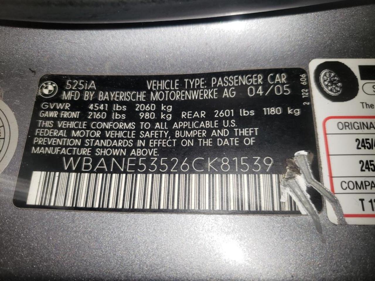 Photo 10 from auction – 2006 BMW 525 I with VIN WBANE53526CK81539