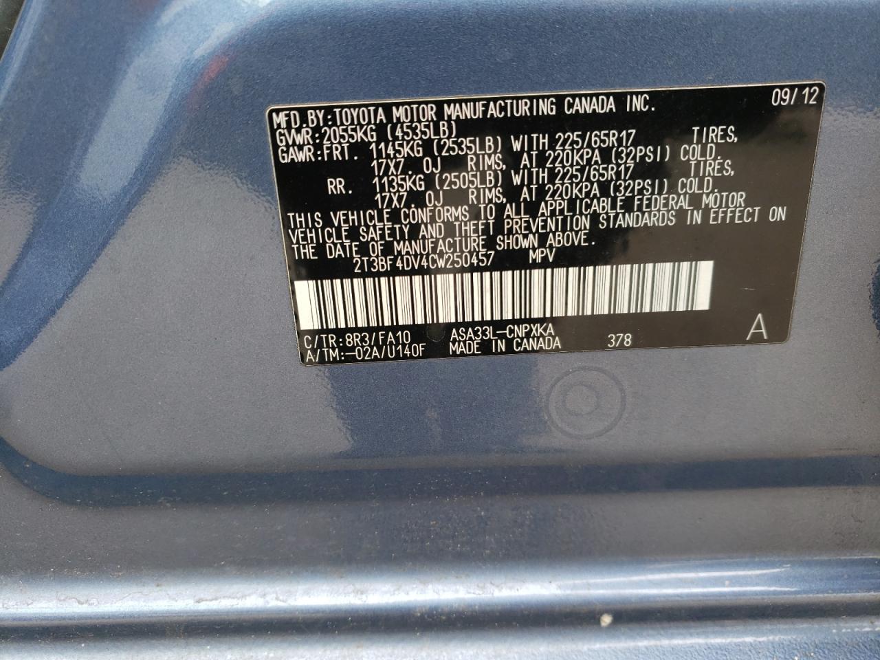 Photo 10 from auction – 2012 TOYOTA RAV4 with VIN 2T3BF4DV4CW250457