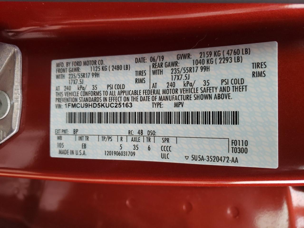 Photo 10 from auction – 2019 FORD ESCAPE SEL with VIN 1FMCU9HD5KUC25163