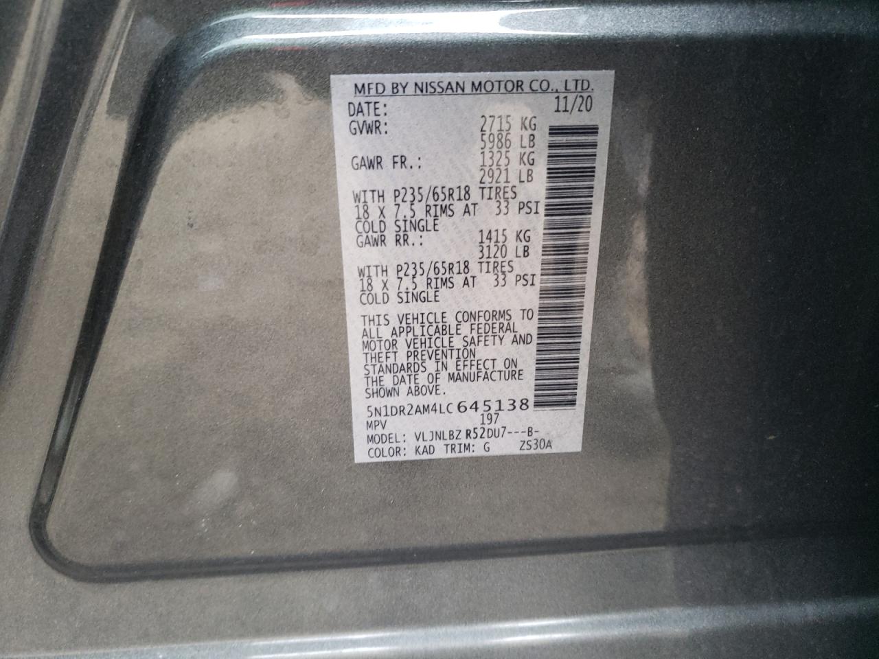 Photo 10 from auction – 2020 NISSAN PATHFINDER with VIN 5N1DR2AM4LC645138