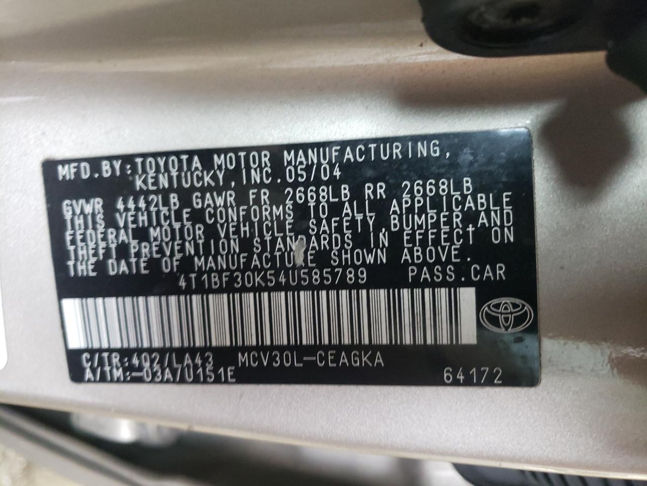 Photo 10 from auction – 2004 TOYOTA CAMRY LE with VIN 4T1BF30K54U585789