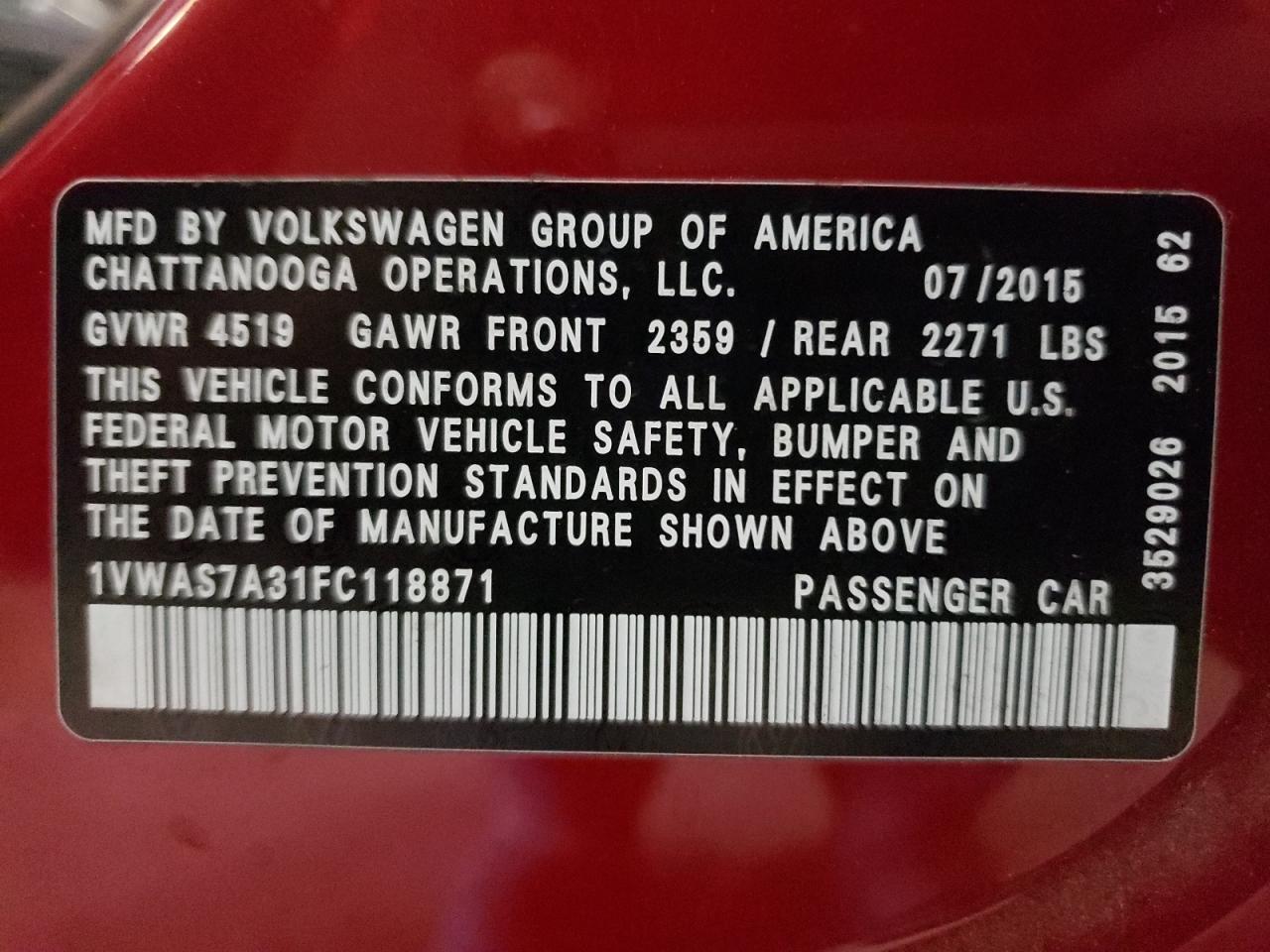 Photo 10 from auction – 2015 VOLKSWAGEN PASSAT S with VIN 1VWAS7A31FC118871