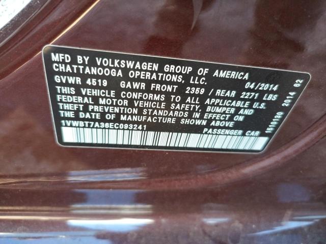 Photo 10 from auction – 2014 VOLKSWAGEN PASSAT SE with VIN 1VWBT7A36EC093241