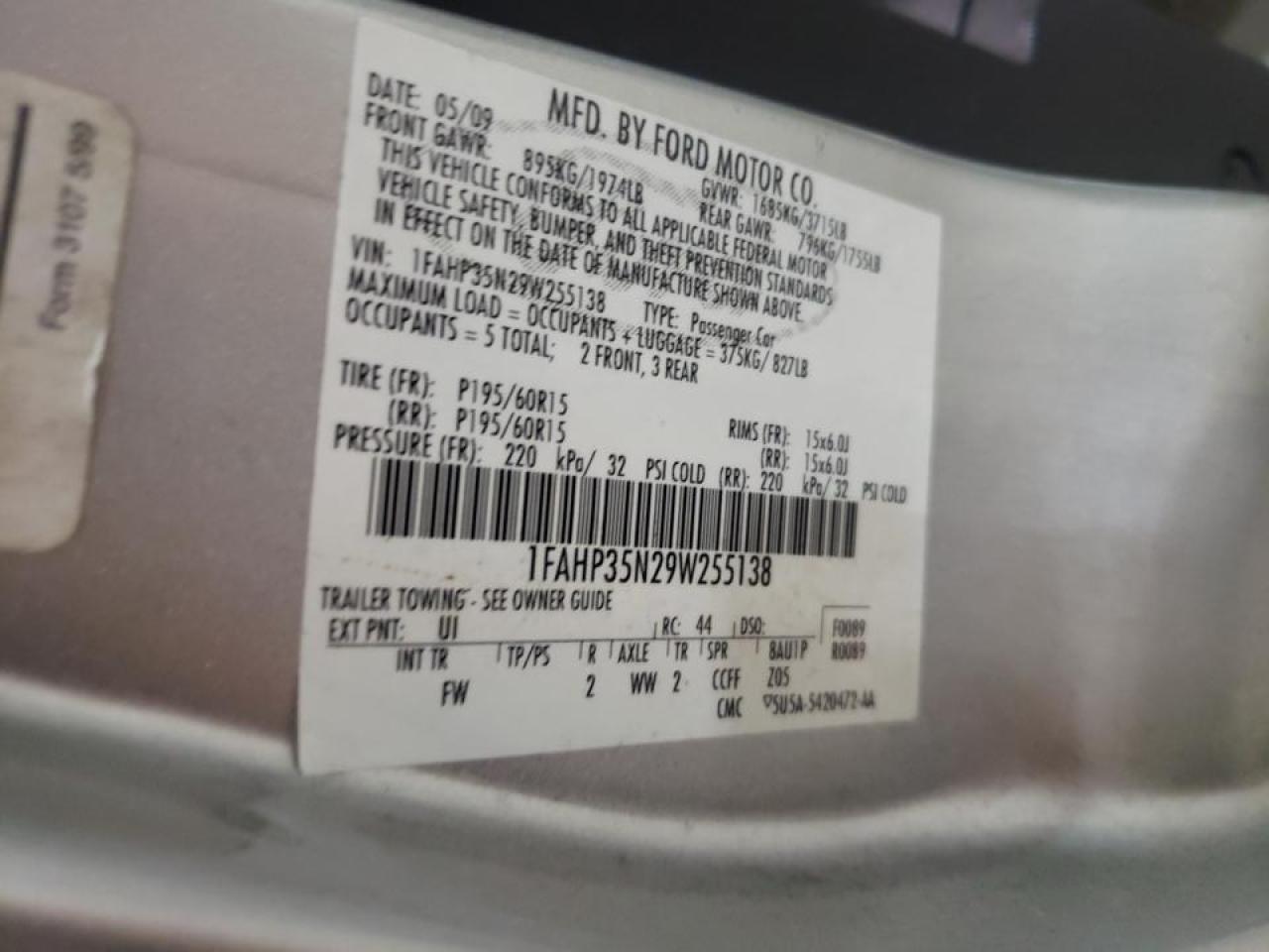Photo 10 from auction – 2009 FORD FOCUS SE with VIN 1FAHP35N29W255138