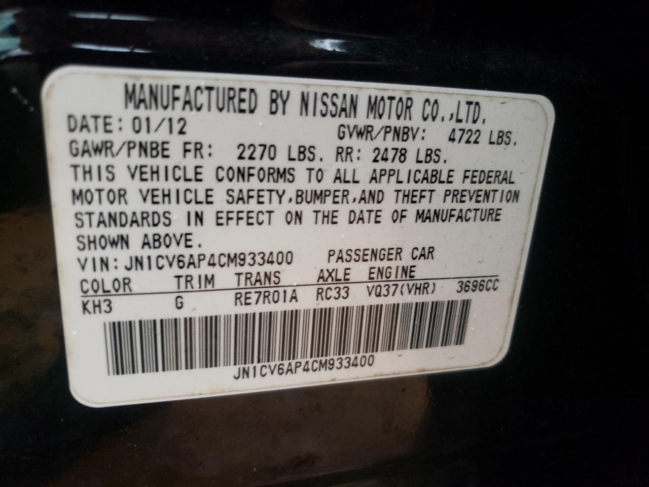 Photo 10 from auction – 2012 INFINITI G37 BASE with VIN JN1CV6AP4CM933400