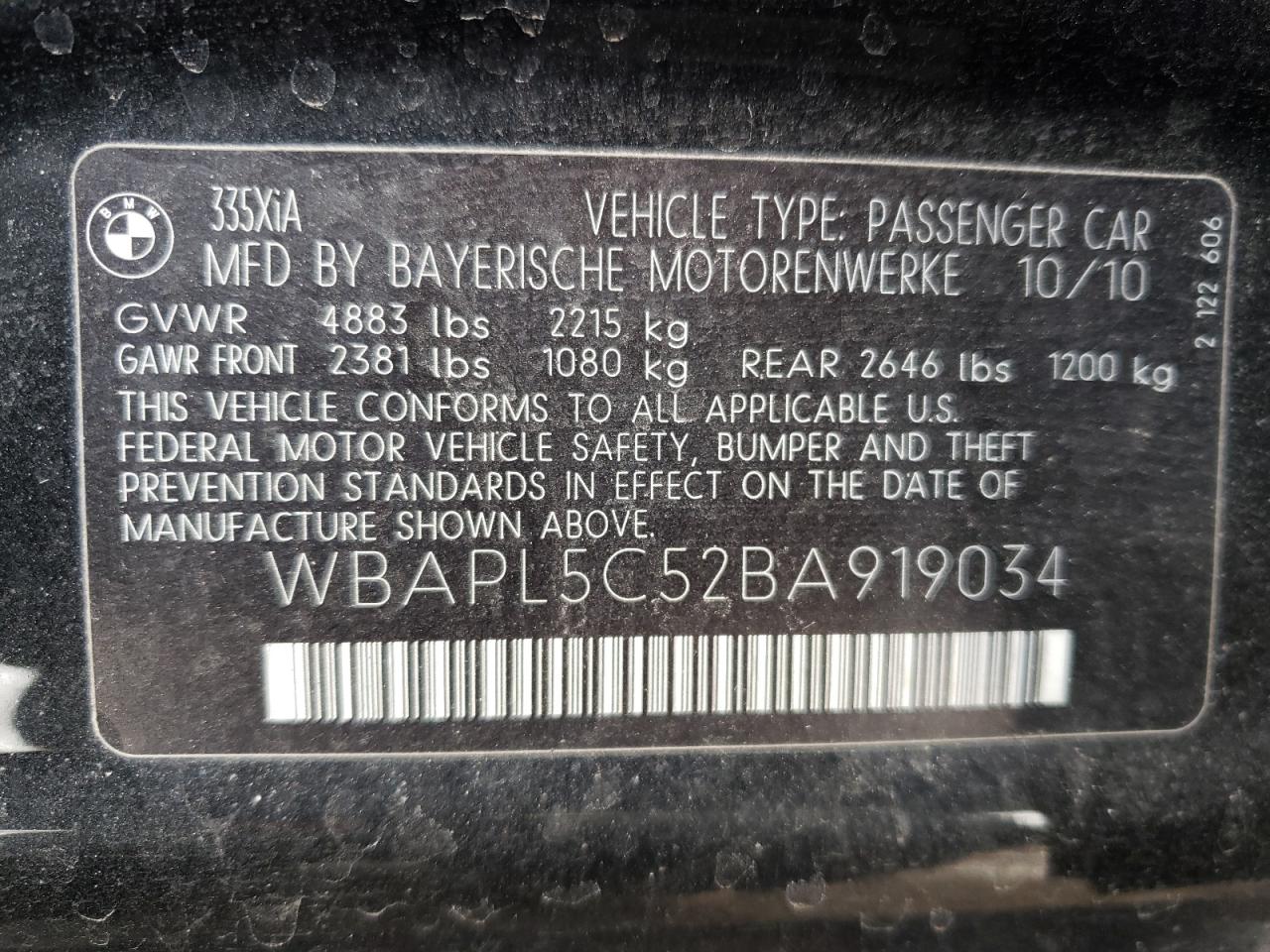 Photo 10 from auction – 2011 BMW 335 XI with VIN WBAPL5C52BA919034
