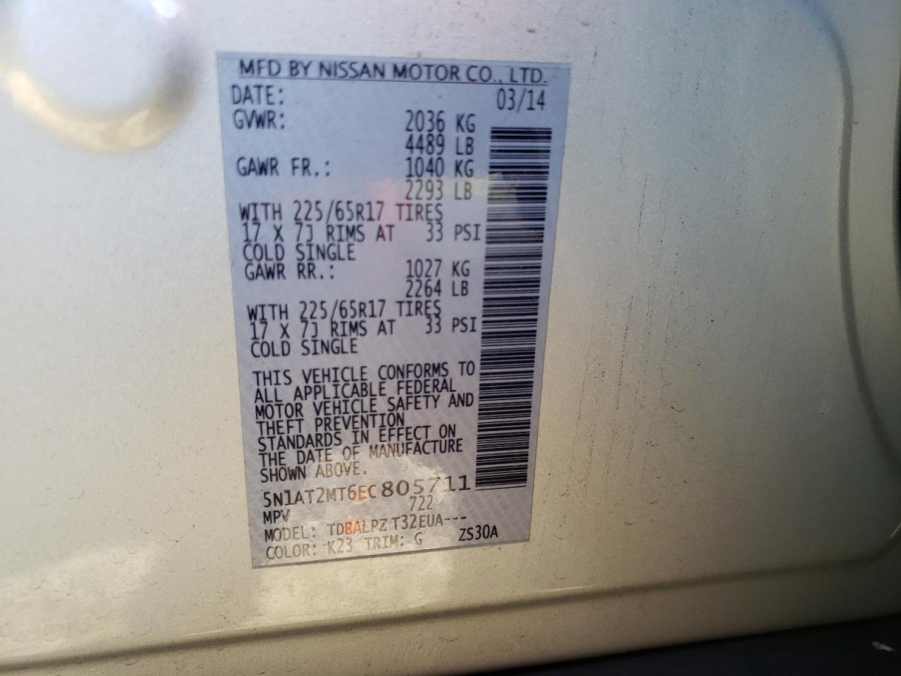 Photo 10 from auction – 2014 NISSAN ROGUE S with VIN 5N1AT2MT6EC805711