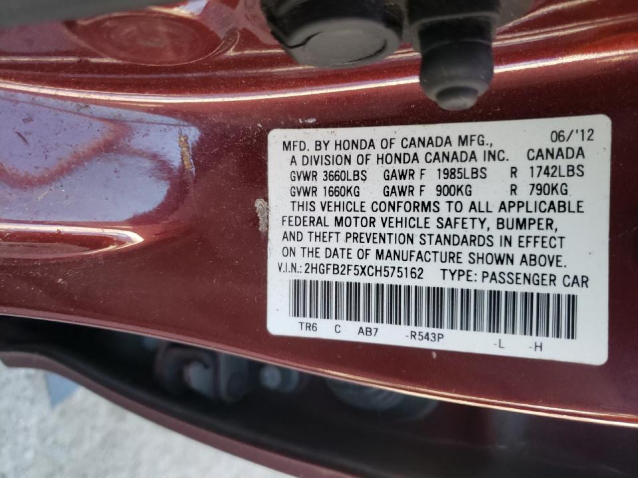 Photo 10 from auction – 2012 HONDA CIVIC LX with VIN 2HGFB2F5XCH575162