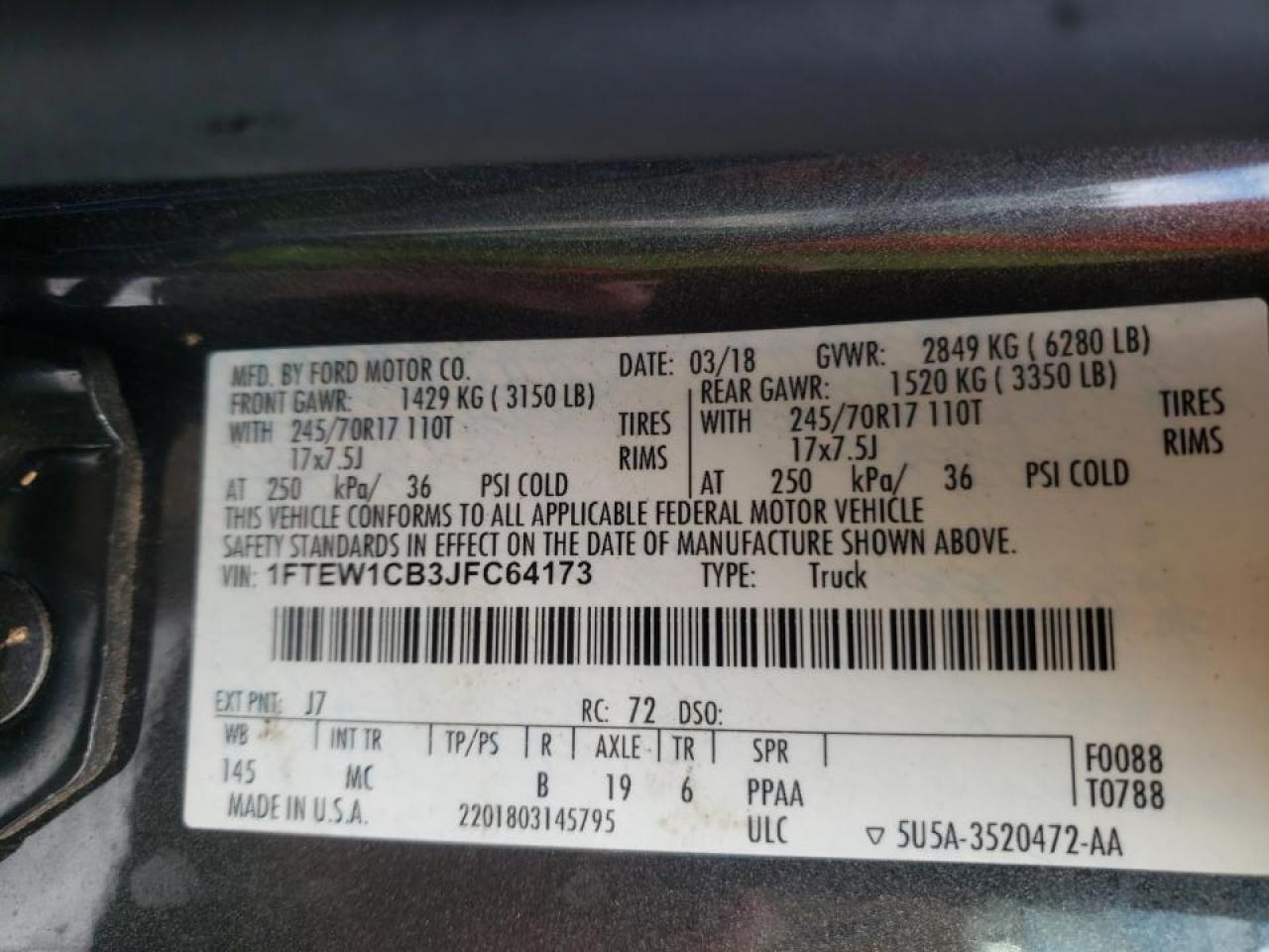 Photo 10 from auction – 2018 FORD F150 SUPER with VIN 1FTEW1CB3JFC64173
