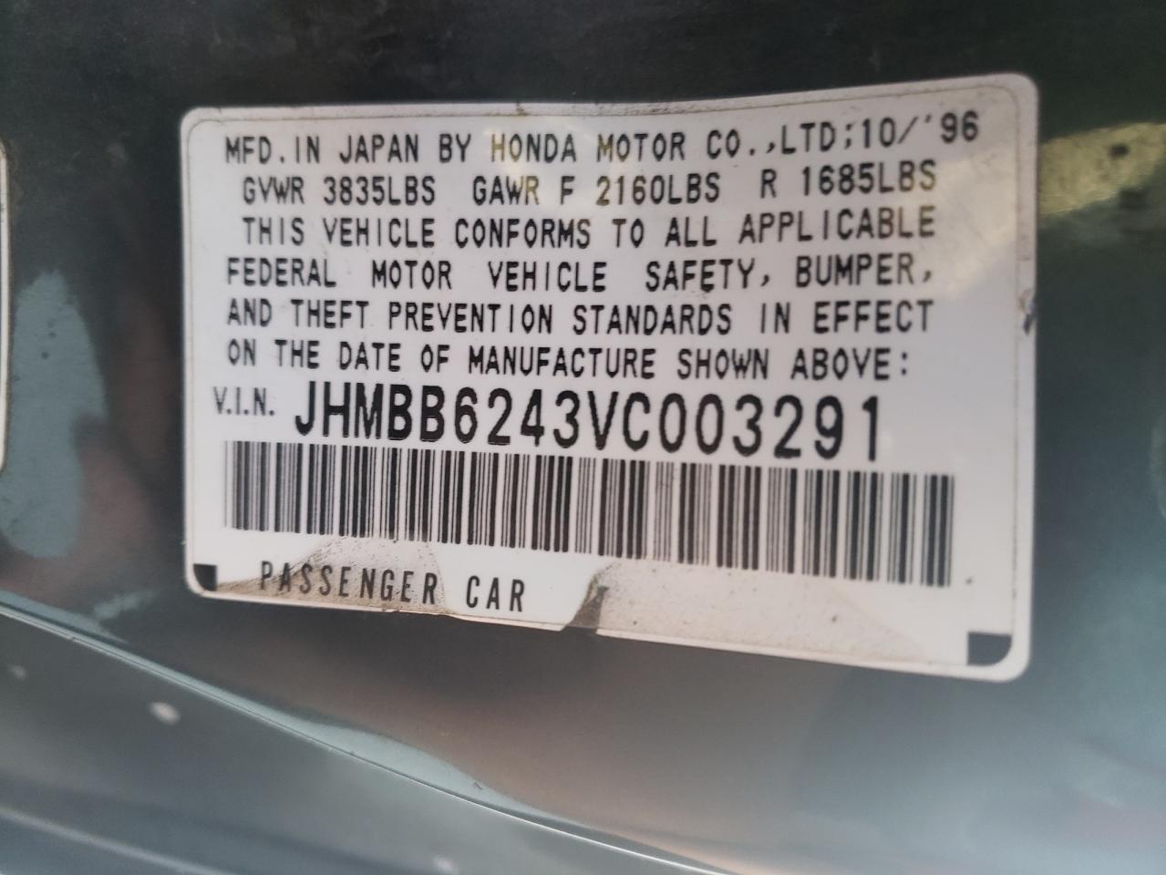 Photo 10 from auction – 1997 HONDA PRELUDE with VIN JHMBB6243VC003291