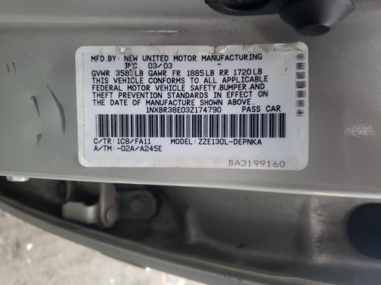 Photo 10 from auction – 2003 TOYOTA COROLLA CE with VIN 1NXBR38E03Z174790