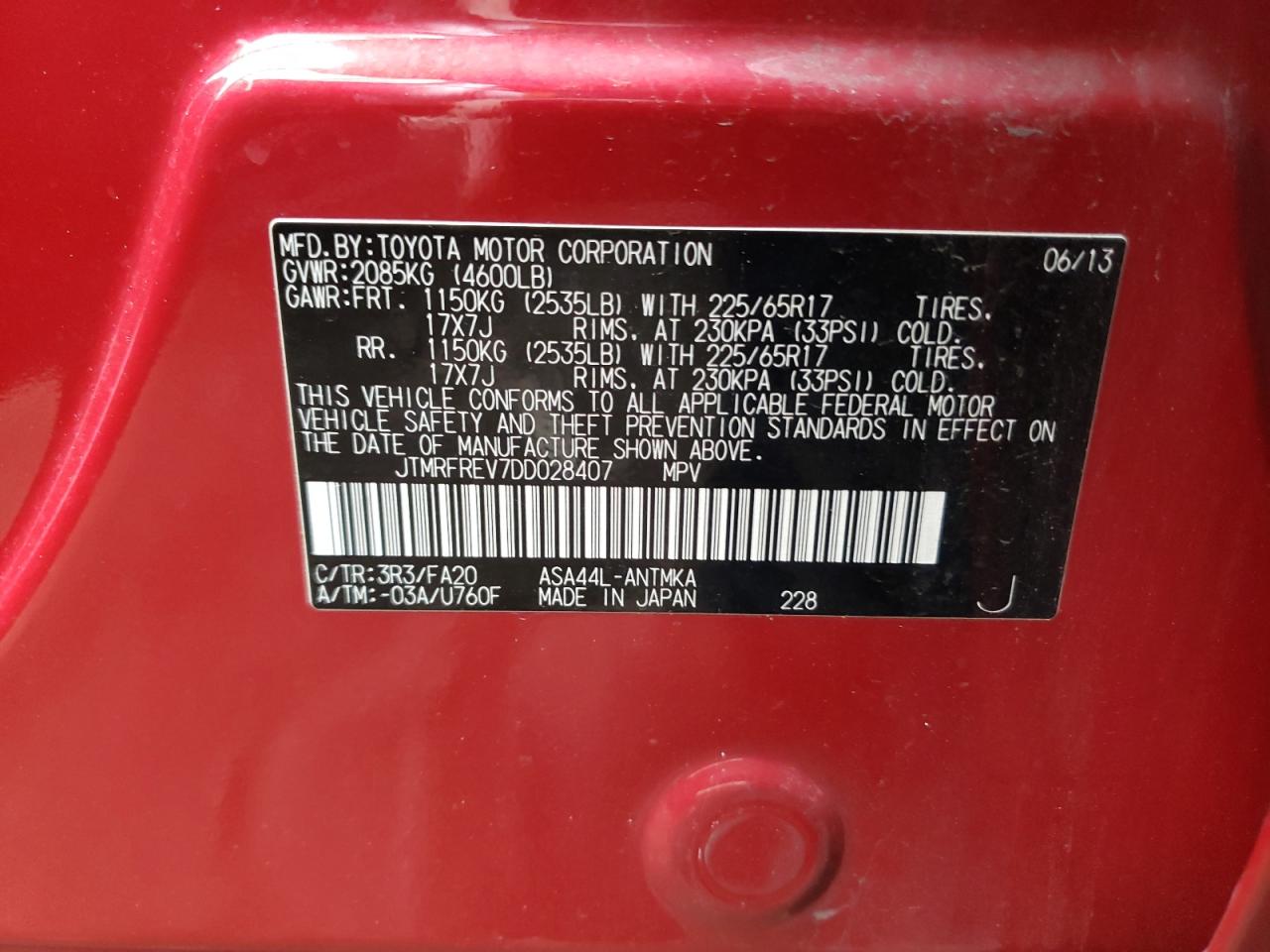 Photo 10 from auction – 2013 TOYOTA RAV4 with VIN JTMRFREV7DD028407
