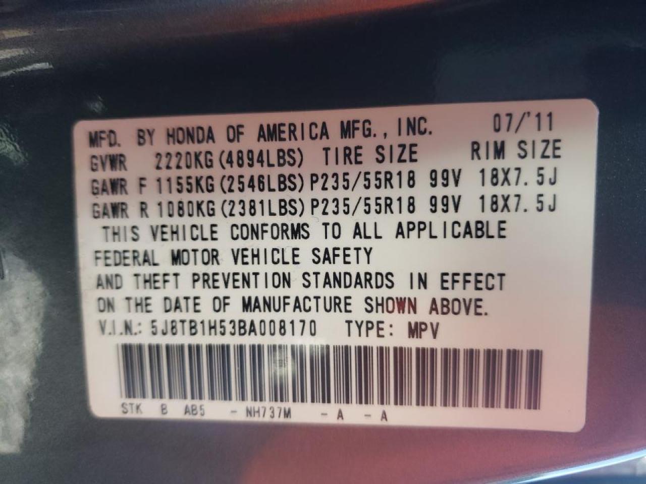 Photo 10 from auction – 2011 ACURA RDX TECHNO with VIN 5J8TB1H53BA008170