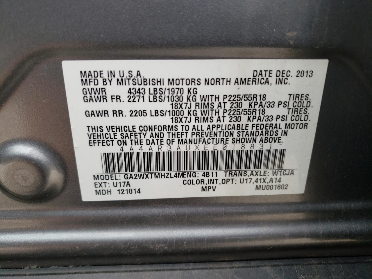 Photo 10 from auction – 2014 MITSUBISHI OUTLANDER with VIN 4A4AR3AUXEE018831