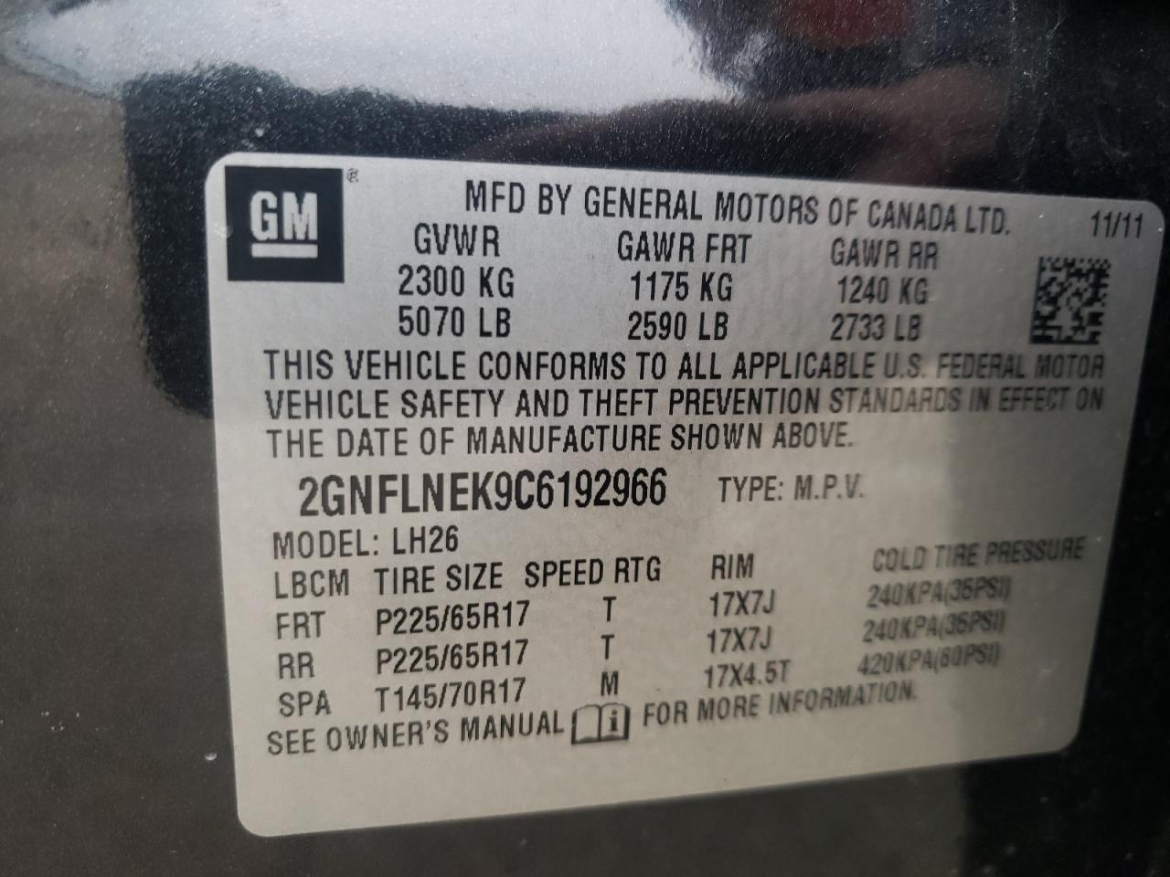 Photo 10 from auction – 2012 CHEVROLET EQUINOX LT with VIN 2GNFLNEK9C6192966