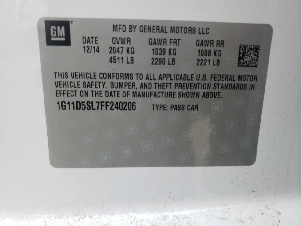 Photo 10 from auction – 2015 CHEVROLET MALIBU 2LT with VIN 1G11D5SL7FF240206
