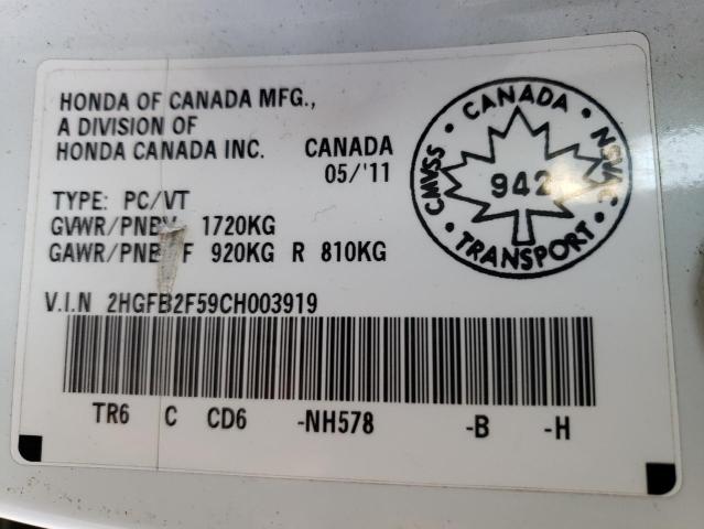 Photo 10 from auction – 2012 HONDA CIVIC LX with VIN 2HGFB2F59CH003919