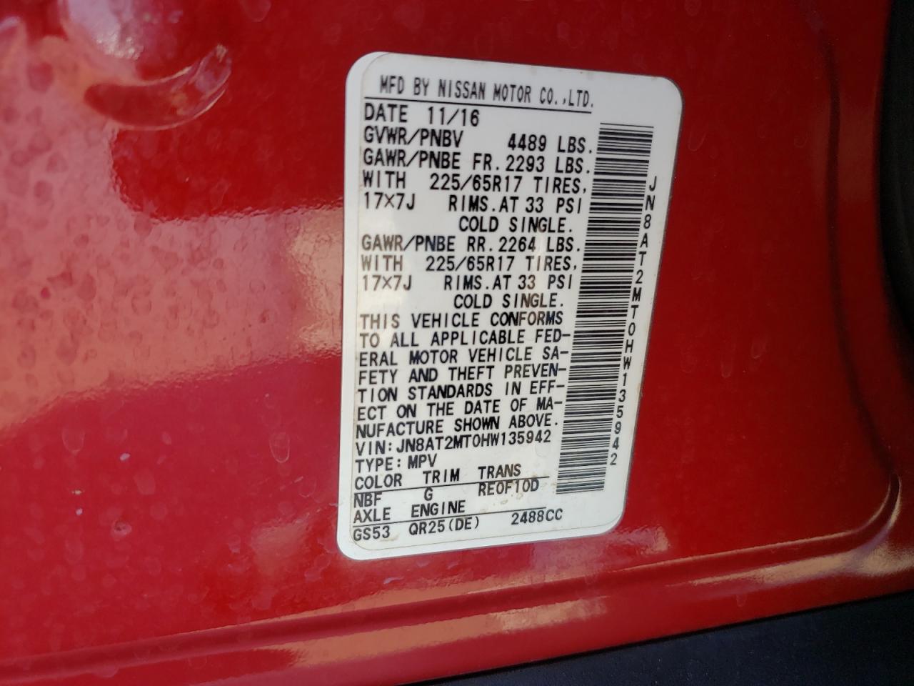 Photo 10 from auction – 2017 NISSAN ROGUE S with VIN JN8AT2MT0HW135942