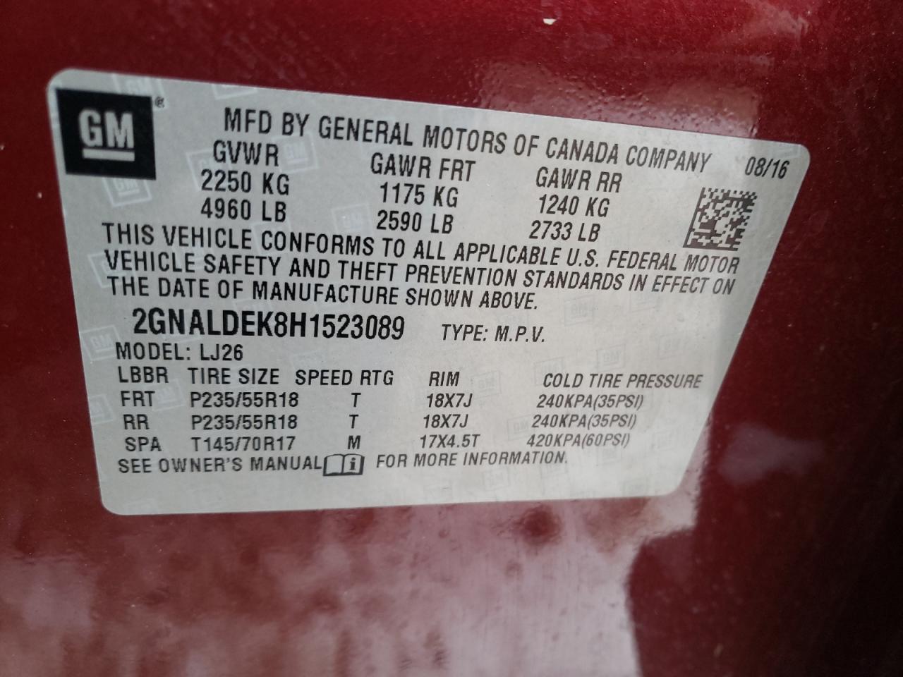 Photo 10 from auction – 2017 CHEVROLET EQUINOX PR with VIN 2GNALDEK8H1523089