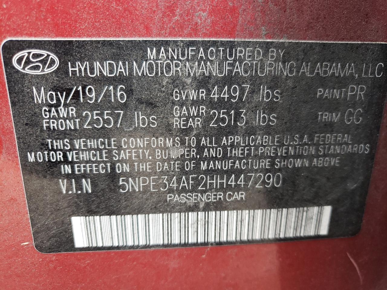 Photo 10 from auction – 2017 HYUNDAI SONATA SPO with VIN 5NPE34AF2HH447290