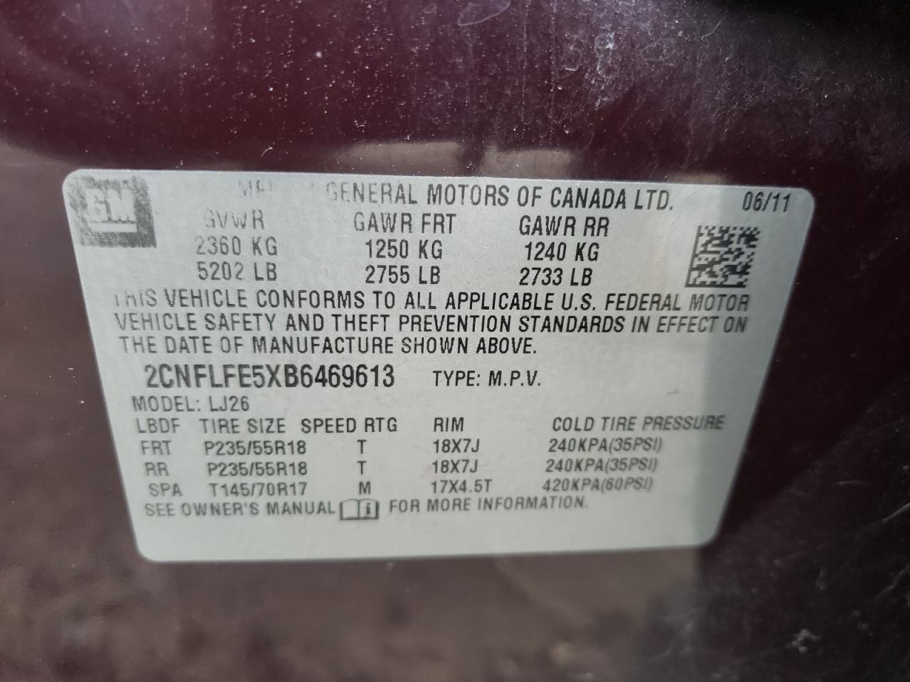Photo 10 from auction – 2011 CHEVROLET EQUINOX LT with VIN 2CNFLFE5XB6469613