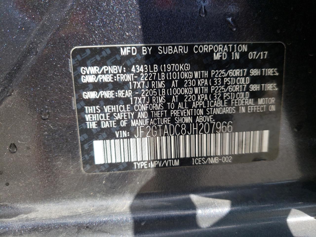 Photo 10 from auction – 2018 SUBARU CROSSTREK with VIN JF2GTADC8JH207966