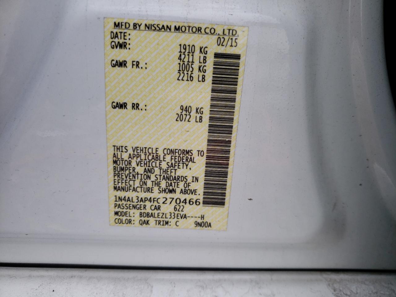 Photo 10 from auction – 2015 NISSAN ALTIMA 2.5 with VIN 1N4AL3AP4FC270466