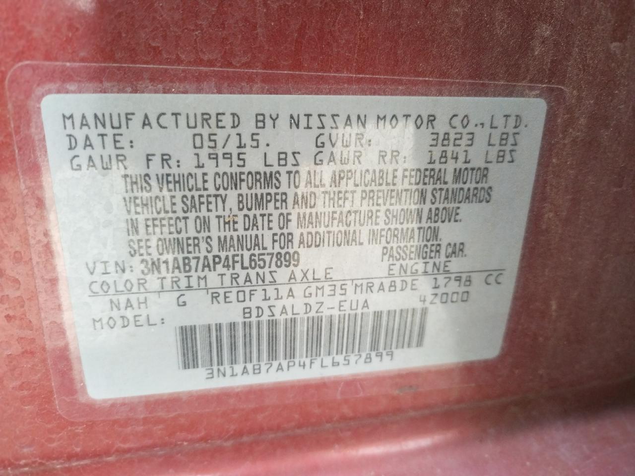 Photo 10 from auction – 2015 NISSAN SENTRA S with VIN 3N1AB7AP4FL657899