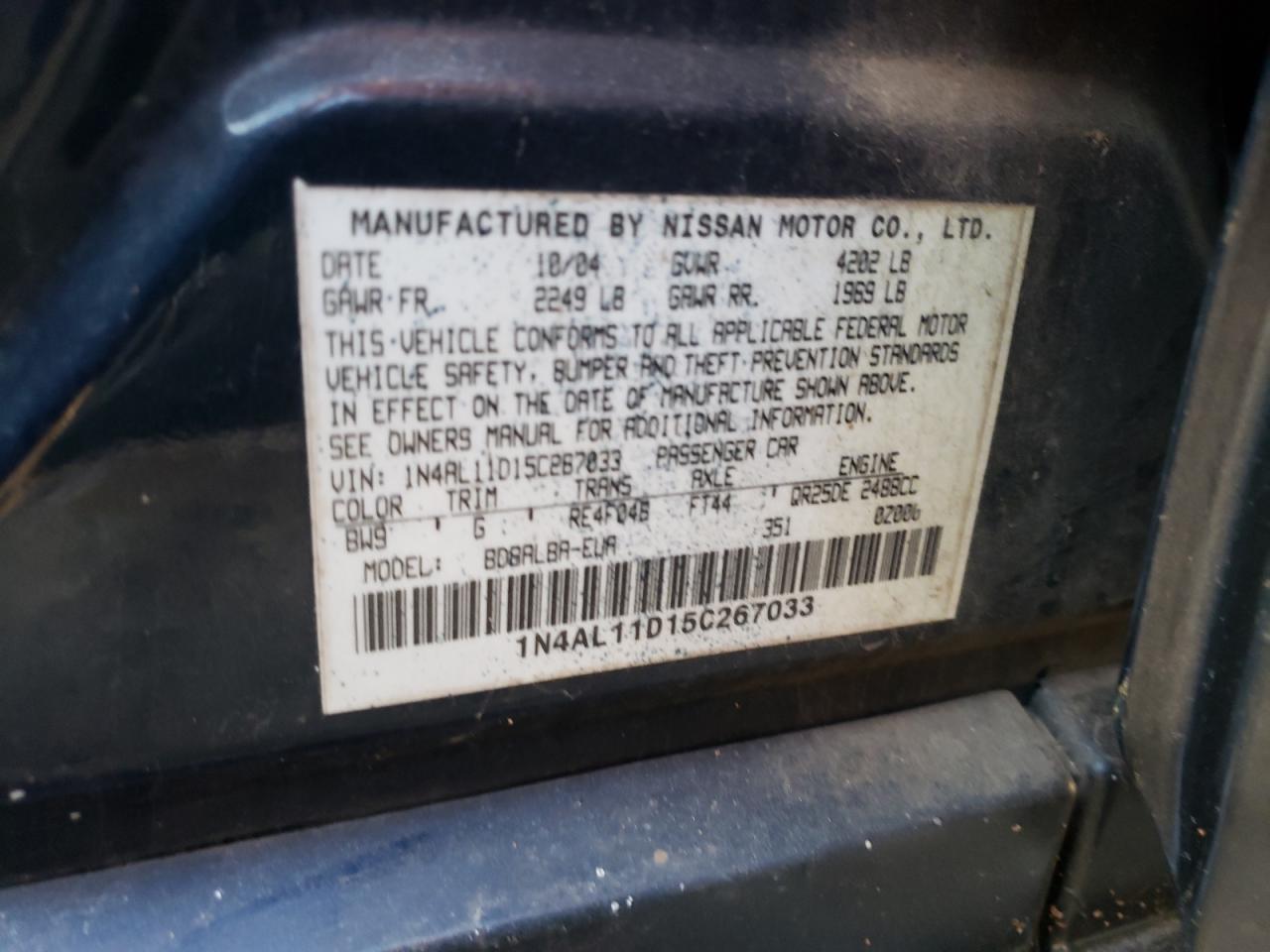 Photo 10 from auction – 2005 NISSAN ALTIMA S with VIN 1N4AL11D15C267033