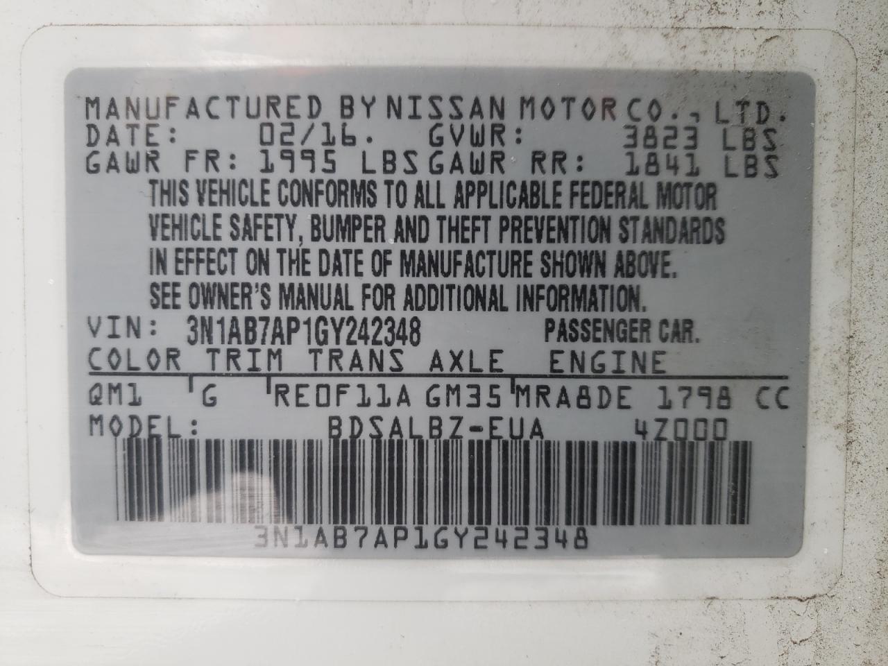 Photo 10 from auction – 2016 NISSAN SENTRA S with VIN 3N1AB7AP1GY242348