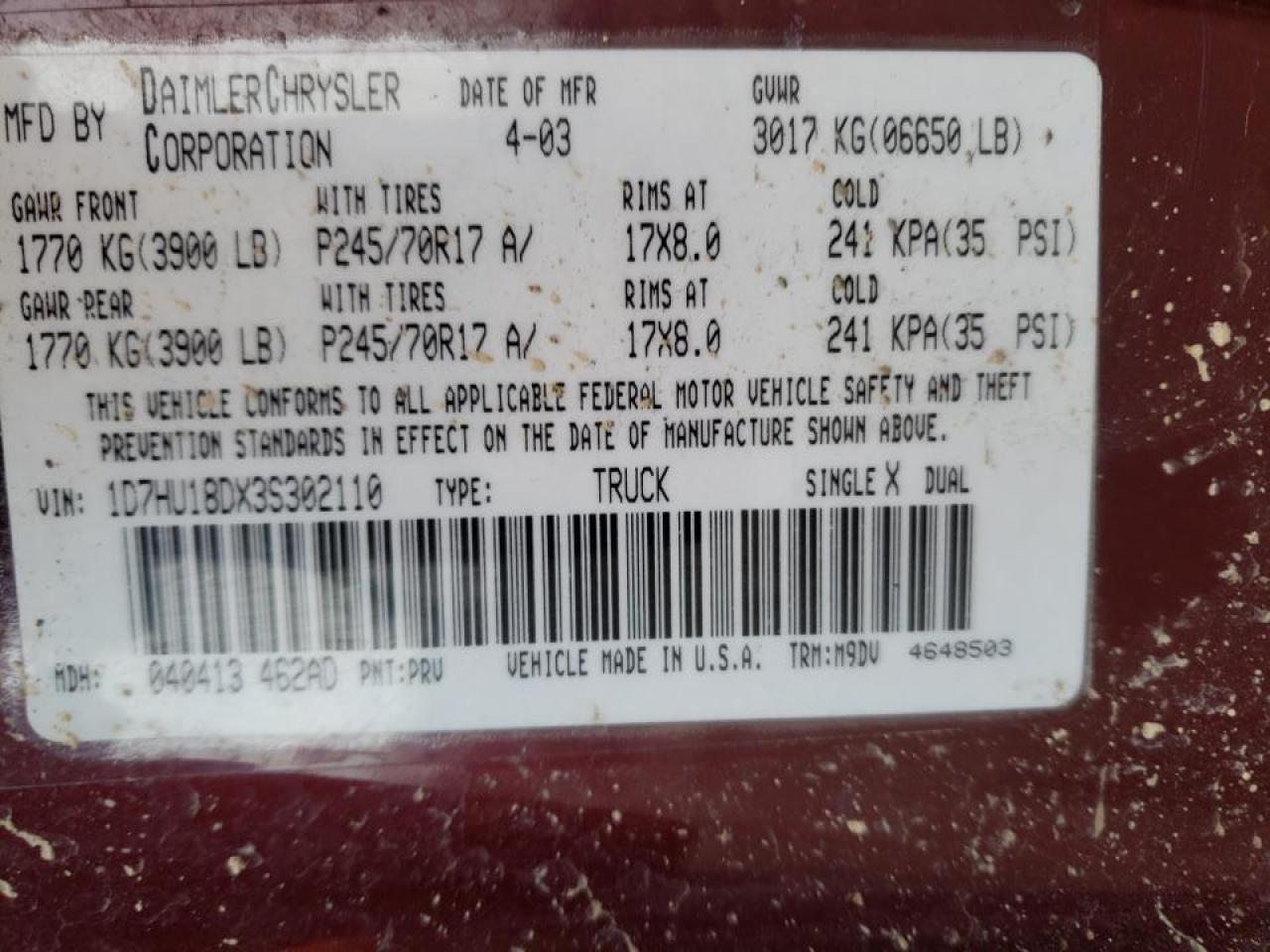 Photo 10 from auction – 2003 DODGE RAM 1500 S with VIN 1D7HU18DX3S302110