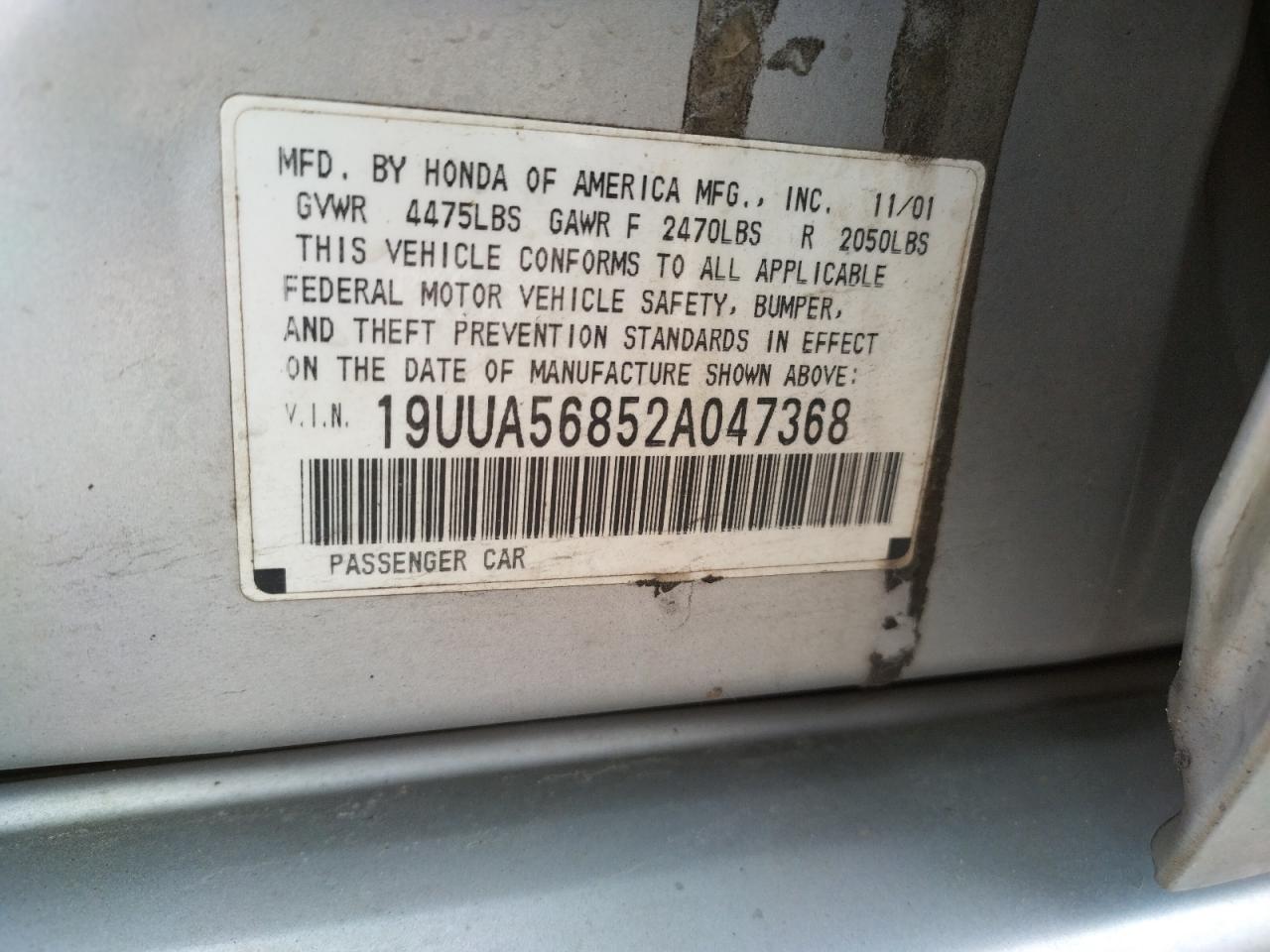 Photo 10 from auction – 2002 ACURA 3.2TL TYPE with VIN 19UUA56852A047368