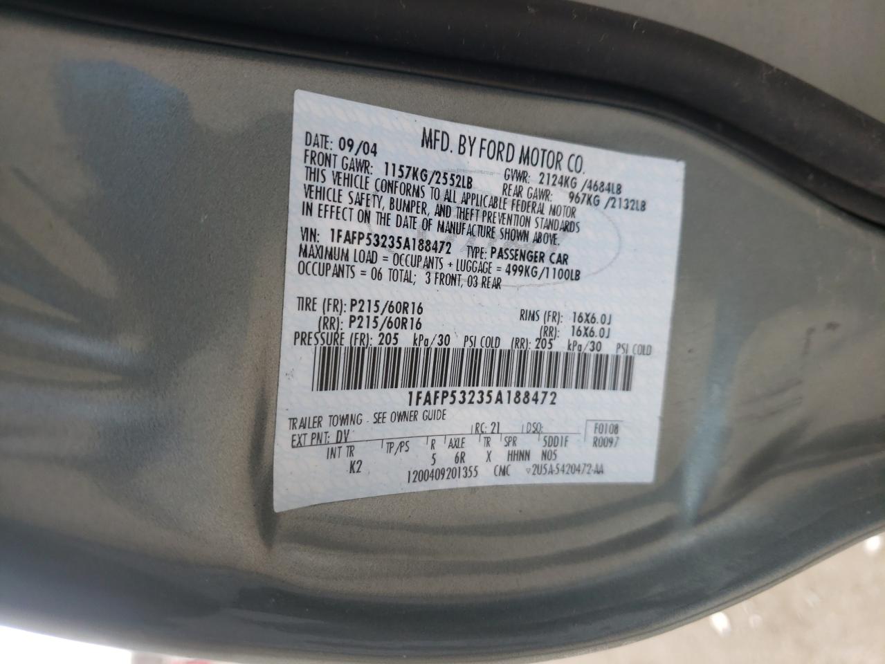 Photo 10 from auction – 2005 FORD TAURUS SE with VIN 1FAFP53235A188472