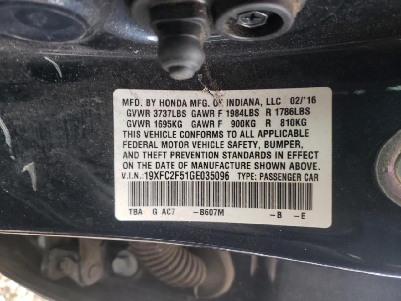 Photo 10 from auction – 2016 HONDA CIVIC LX with VIN 19XFC2F51GE035096
