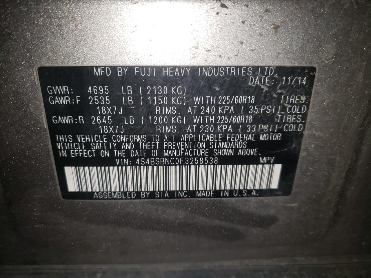 Photo 10 from auction – 2015 SUBARU OUTBACK 2. with VIN 4S4BSBNC0F3258538