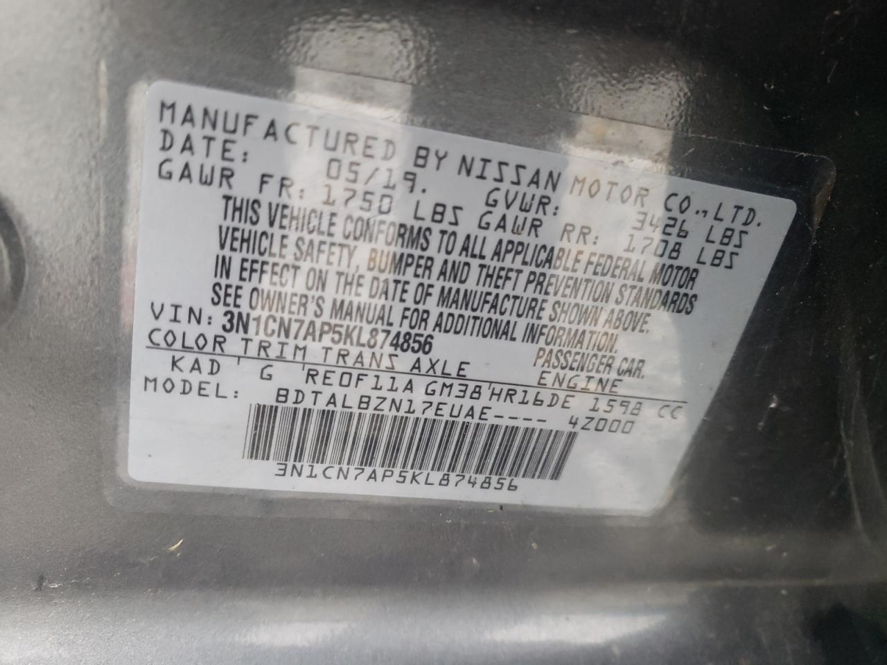 Photo 10 from auction – 2019 NISSAN VERSA S with VIN 3N1CN7AP5KL874856