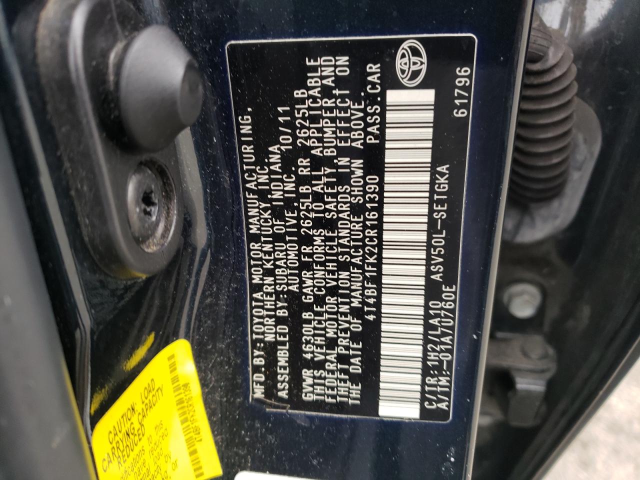 Photo 10 from auction – 2012 TOYOTA CAMRY BASE with VIN 4T4BF1FK2CR161390
