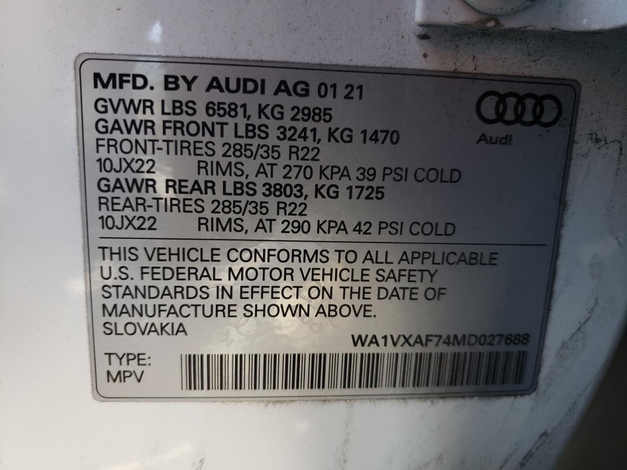 Photo 10 from auction – 2021 AUDI Q7 PRESTIG with VIN WA1VXAF74MD027688