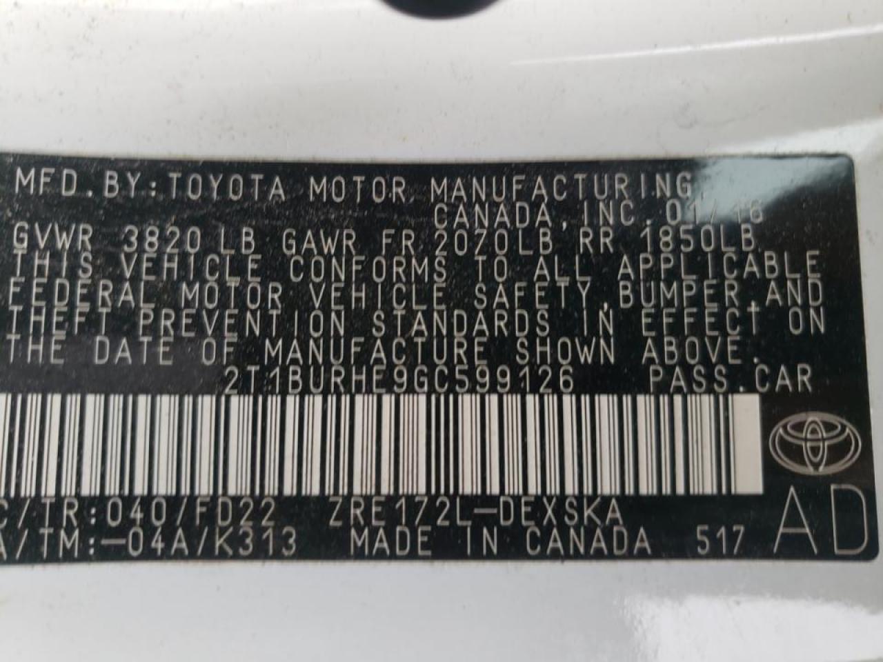 Photo 10 from auction – 2016 TOYOTA COROLLA L with VIN 2T1BURHE9GC599126