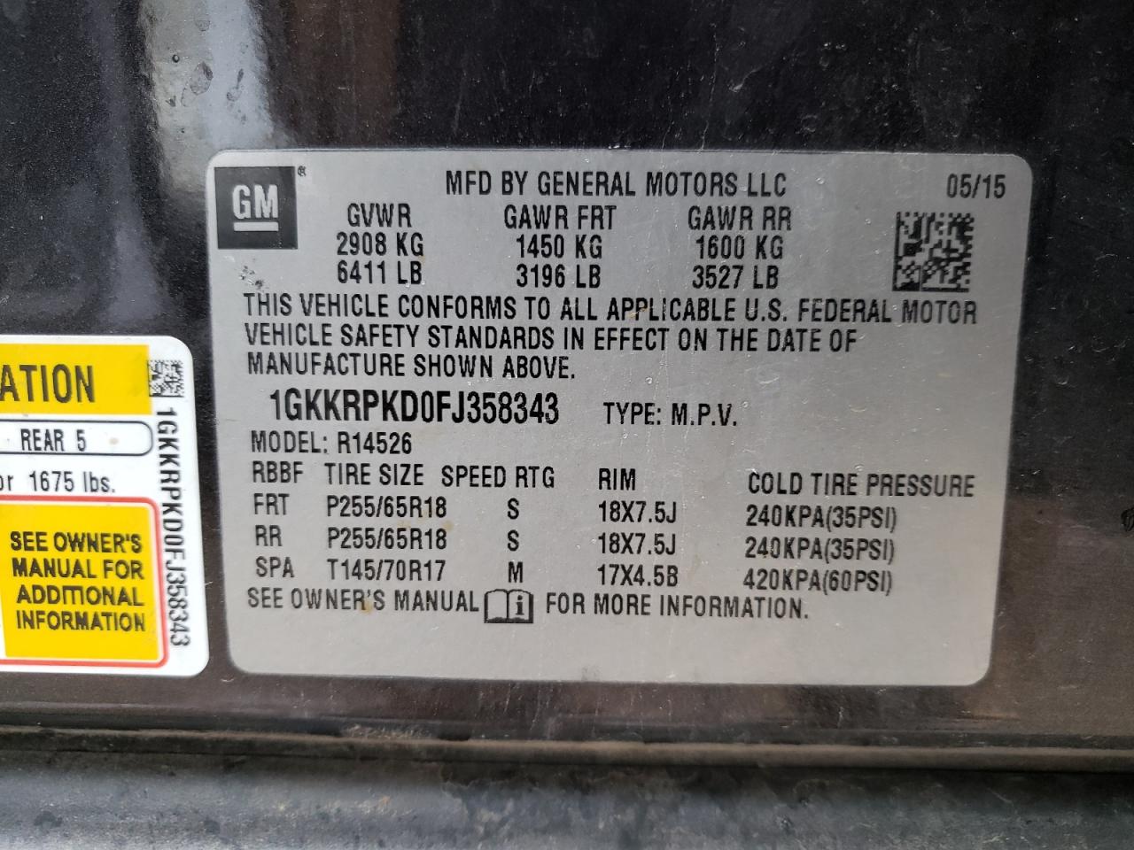 Photo 10 from auction – 2015 GMC ACADIA with VIN 1GKKRPKD0FJ358343
