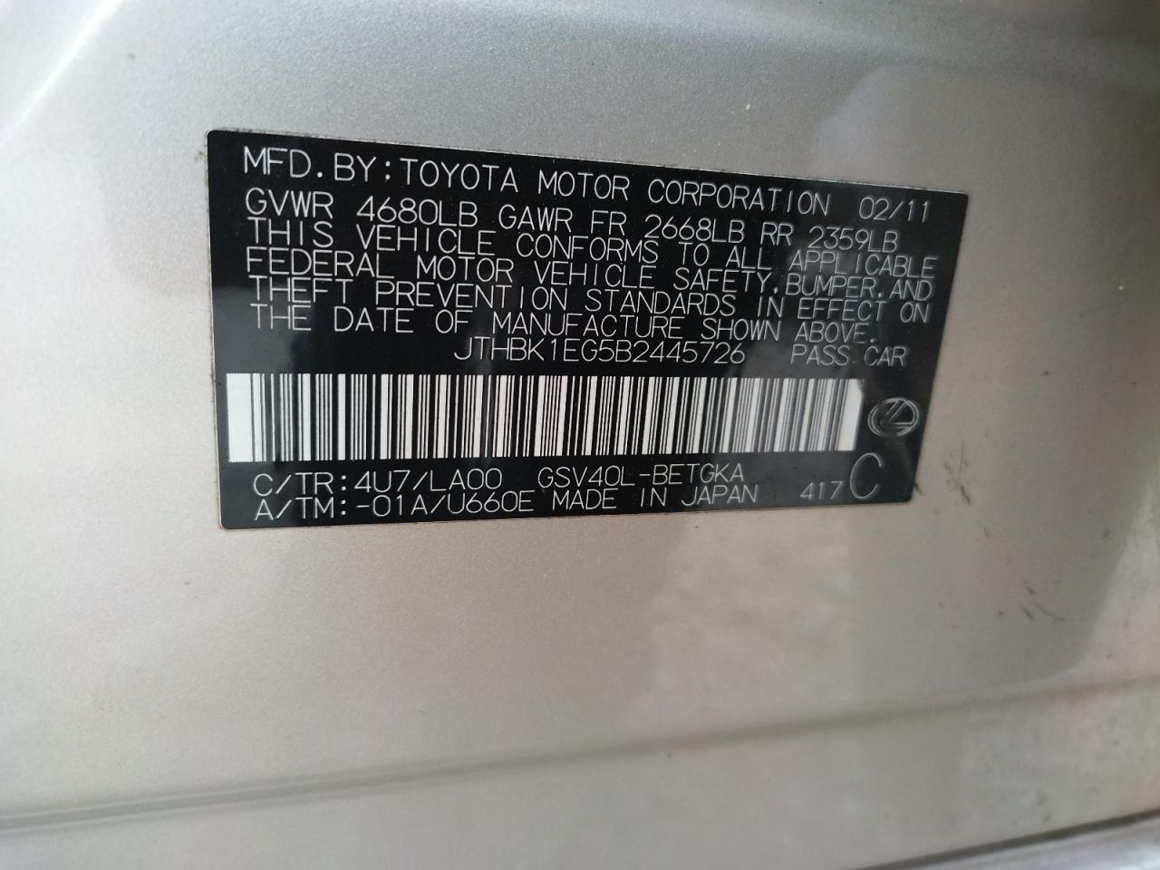 Foto 10 de la subasta – 2011 LEXUS ES 350 con VIN JTHBK1EG5B2445726