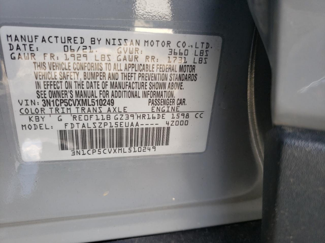 Photo 10 from auction – 2021 NISSAN KICKS SV with VIN 3N1CP5CVXML510249