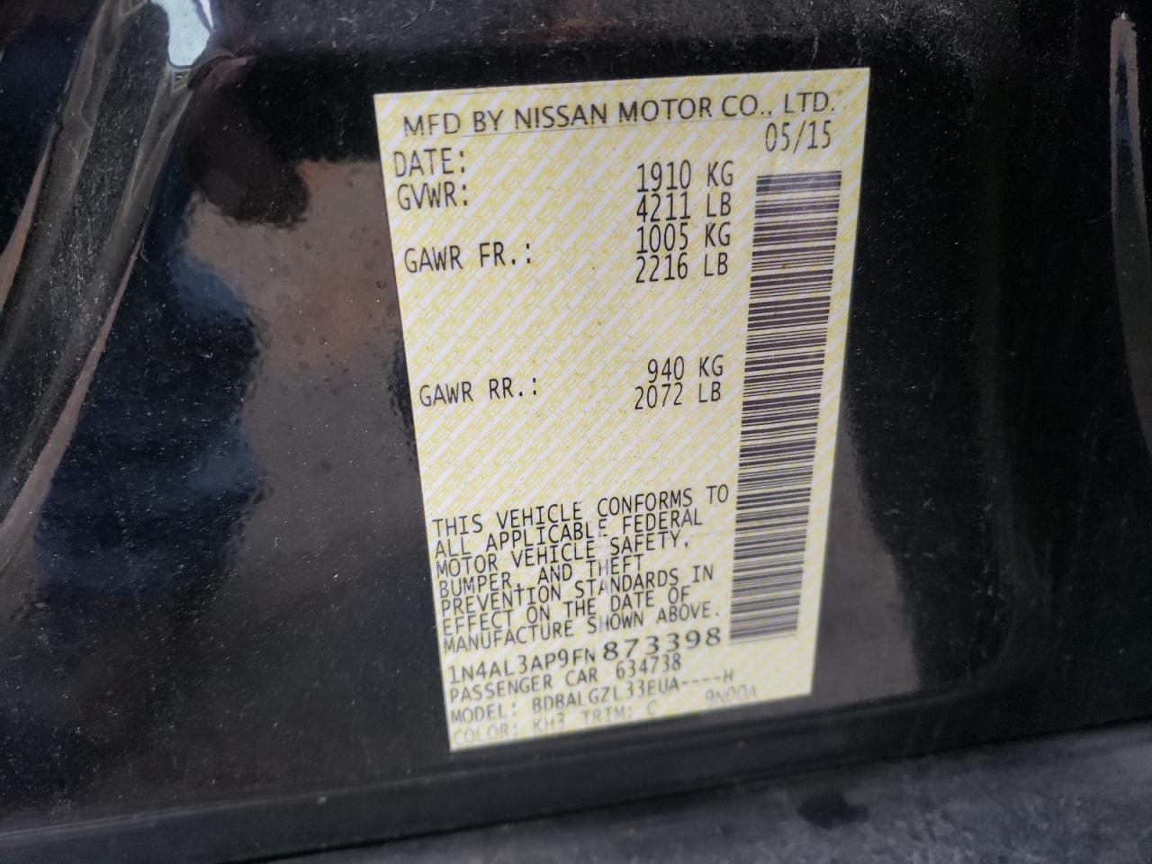 Photo 10 from auction – 2015 NISSAN ALTIMA 2.5 with VIN 1N4AL3AP9FN873398