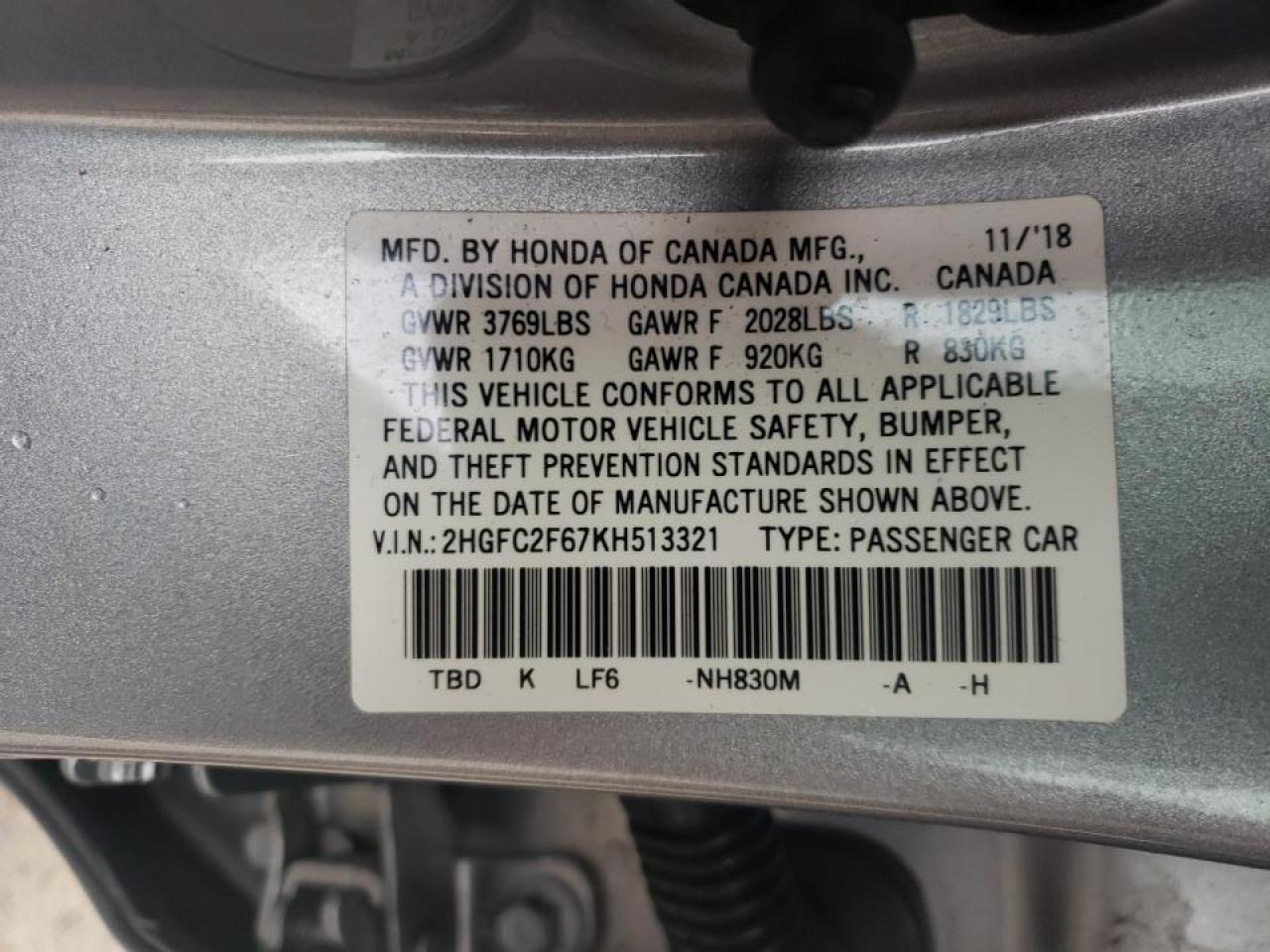 Photo 10 from auction – 2019 HONDA CIVIC LX with VIN 2HGFC2F67KH513321