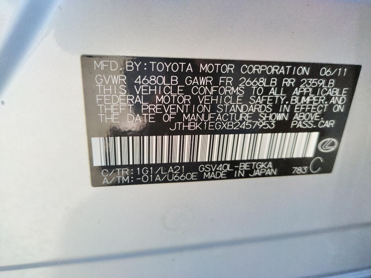 Photo 10 from auction – 2011 LEXUS ES 350 with VIN JTHBK1EGXB2457953