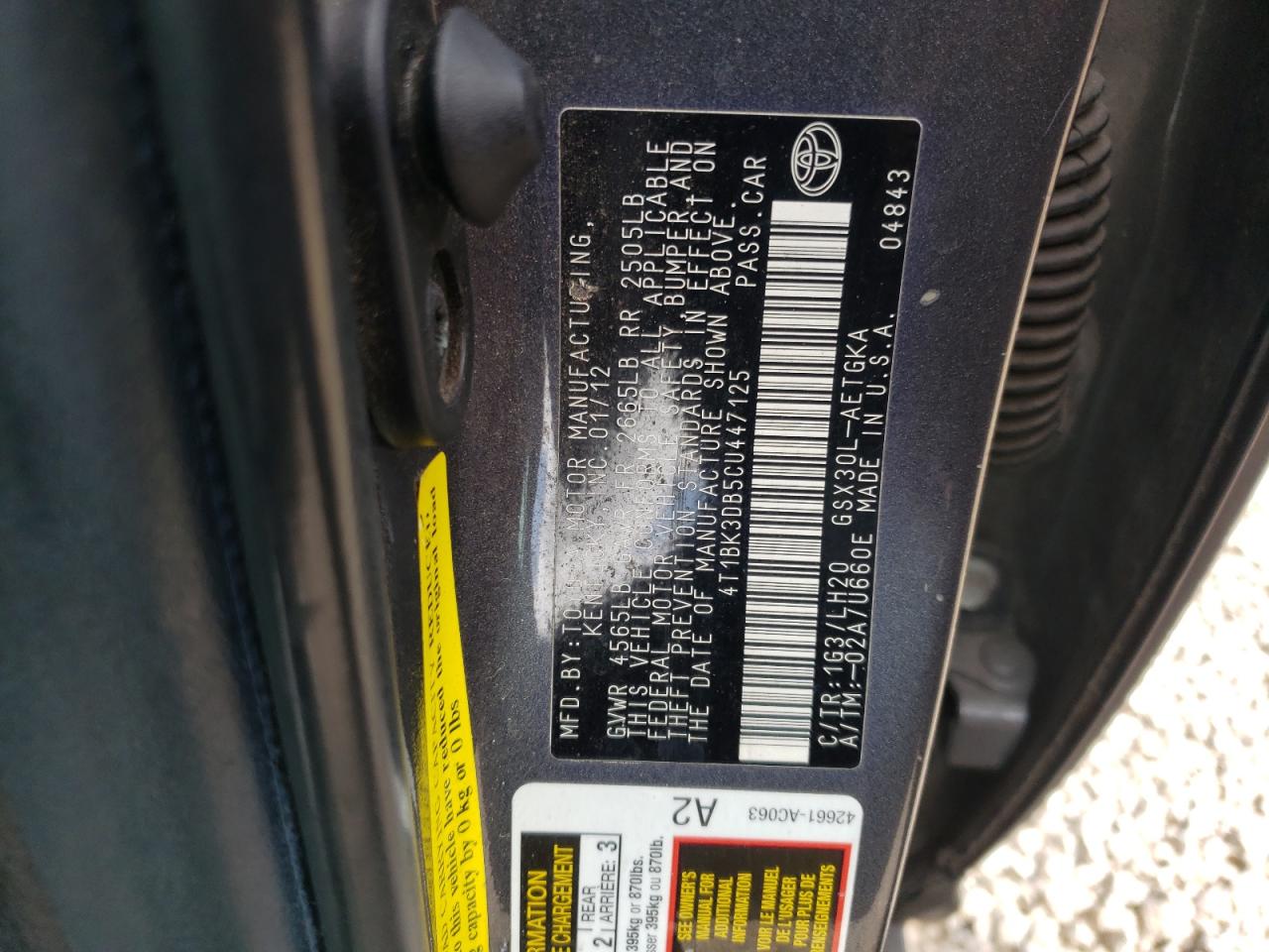 Photo 10 from auction – 2012 TOYOTA AVALON BAS with VIN 4T1BK3DB5CU447125