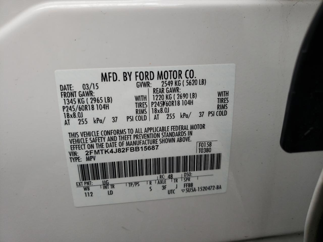 Photo 10 from auction – 2015 FORD EDGE SEL with VIN 2FMTK4J82FBB15687